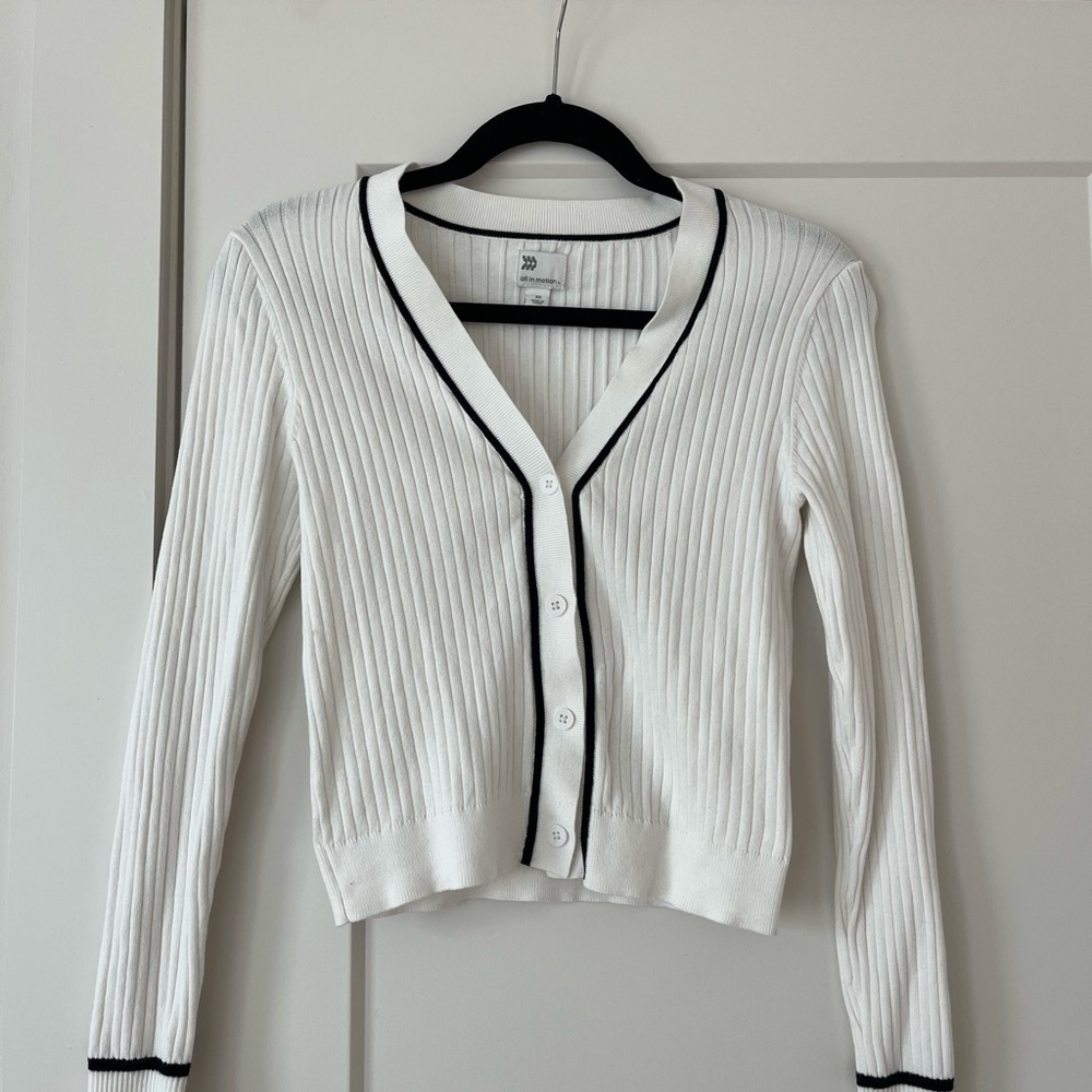 All in Motion White Ribbed Cardigan with Black Trim
